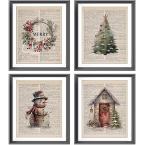 AEHIE Christmas Wall Art,Christmas Pictures Wall Decor,Merry Christmas Winter Snowman Tree House Poster Prints for Farmhouse Home Decor,Winter Seasonal Themed Decorations Wall Art Unframed 4pcs (8x10