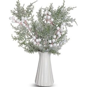 Riceshoot 14 Pcs 18.5 in Snowy Artificial Cedar Picks with Red Berries Frosted Faux Cedar Sprays Christmas Cedar Greenery Branches Stems for Christmas Tree Wreath Floral Vase Winter Holiday Decor