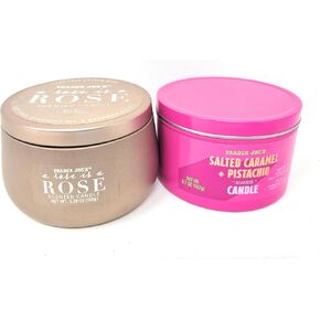 Trader Joe's Rose is a Rose and Salted Caramel and Pistachio Scented Candle Duo, Natural Soy Wax, Beeswax Blend, Lead-Free Cotton Wick, Pink Set