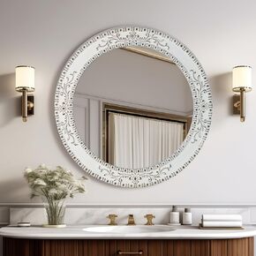 Round Mirror 24 Inch European Style Beaded White Mirror Decorative for Wall
