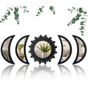 5 Pieces Moon Phase Mirror Wall-Mounted Wall Decor Mirrors Natural Wooden Sunburst Bohemian Wall Art for Home Living Room Bedroom Decoration