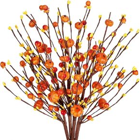 Set of 4 Artificial Orange Berry Stems Twigs with Pumpkins Sprigs 16.5 Inches Harvest Fall Floral Picks Fake Pip Berries Sprays Branches for Autumn Winter Thanksgiving Festival Home Decoration (4)