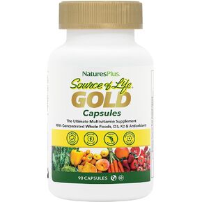 Natures Plus Source of Life Gold Multivitamin - 90 كبسولة نباتية - مع فيتامينات D3، B12، K2 وأكثر من 120 طعامًا كاملاً - دعم الدم والعظام والمناعة - خالي من الغلوتين - 30 حصة in Kuwait
