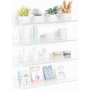 Aqua Melody Acrylic Shelves for Wall Storage, 4 Pack 15" Floating Shelves for Bathroom, Bedroom, Kitchen, Living Room, Room Decor,Display Shelf Organizer, Pink