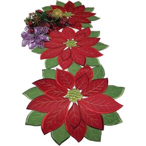 4 Pcs Holiday Christmas Placemats 14" Set of 4 Applique Poinsettia Red Green Embroidered Christmas Flower Linen Table Runner for Home Dinner Xmas Table Top Decorations (Placemat 14" Set of 4, Gold)