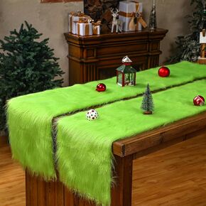 2 Pcs Christmas Green Faux Fur Table Runner 14 x 71 Inch Christmas Table Runner Fluffy Table Cloth Farmhouse Fur Nightstand Cover for Xmas Winter Holiday Party Dining Home Decoration