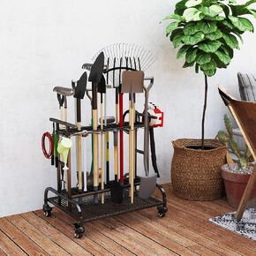 lukar Garden Tool Organizer for Garage Garden Tool Storage Garden Tool Rack with 22 Hooks Garden Tool Holder Up to 61 Tools Garden Tool Organizer with Wheels for Yard Gardening Tool Storage