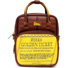 Warner Bros. Movies Bag, Cross Body, Willy Wonka Golden Ticket Text and Wonka Bar Print Browns, Vegan Leather