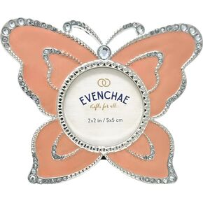 Pink Butterfly Picture Frame, Enameled with Clear Rhinestones, Holds 2 in Diameter Photo