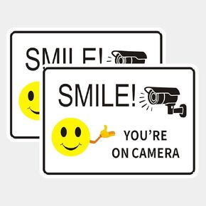 Smile Your on Camera Signs, Video Surveillance Signs Outdoor, 10x7 Inch Rust Free Aluminum Metal Sign, Fade Resistance, UV Protected, Indoor/Outdoor Use for Home, Business (2 pack)
