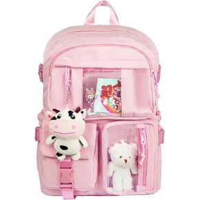 Kawaii Backpack for Girls, Cute Aesthetic Backpack with Pin Accessories Plush Pendant for School Girl Bookbag (Black-2)
