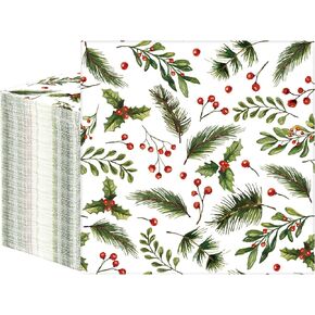 50 PCS Christmas Luncheon Napkins Xmas Berries and Pine Disposable Napkins 3-Ply Holly Berry Greenery Paper Napkins for Christmas Home Kitchen Holiday party Supplies