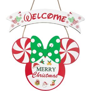 Christmas Welcome Door Sign Decorations, Wooden Wall Hanging Sign Décor for Christmas Party Supplies, Peppermint Wood Mouse Shaped Decorative Xmas Home Porch Plaques Ornaments Indoor and Outdoor (Welcome)