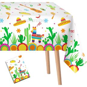 2 Pcs Fiesta Tablecloth Plastic Disposable Cactus Llama Taco Theme Mexican Table Cloths Birthday Party Cinco De Mayo Tablecovers Baby Shower Rectangle Maracas Pinatas
