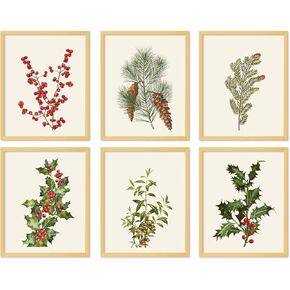 JarThenaAMCS 6Pcs Christmas Winter Wall Art Prints Pine Leaves Holly Berry Paper Posters Aesthetic Pictures For Xmas Home Office Gallery Party, 8 x 10 Inch, Unframed