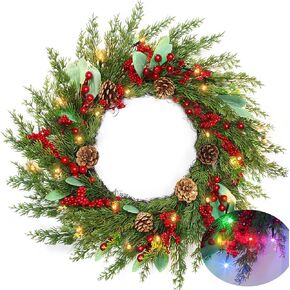 Pre-lit Christmas Wreath with Lights Timer 8 Mode, 20 Inch Small Christmas Wreaths for Front Door Norfolk Pine Tips Berry Pinecone Battery Operated Christmas Door Wreath Indoor Outdoor Windows Mantle