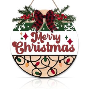 OLMIXA Merry Christmas Wreath Wooden Sign (12x12 inch), Bright Christmas Welcome Front Door Hanger, Xmas Winter Holiday Decorative Signs for Farmhouse Garden Porch Decor