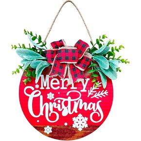 Christmas Wreath Sign, Wooden Merry Christmas Welcome Wreaths Sign with Red Buffalo Plaid Bow for Front Door Porch Window Home Decoratio