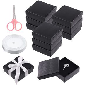 Swpeet 12Pcs Black 3.5 x 3.5 x 1.2 Inch Fan Shaped Cardboard Jewelry Gift Boxes with Scissors and Polyester Ribbon Assortment Kit, Necklace Earring Bracelet Boxes Gift Case for Jewelry Storage