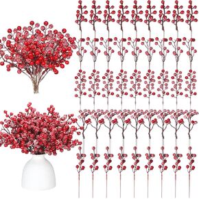 Janinka 60 Pcs Christmas Snow Frosted Artificial Berry Branches 7.87 Inch Floral Berry Picks Holly Berry Stems Berry Picks and Sprays for Xmas Tree Garland Wreath Vase Filler Decor(Red)