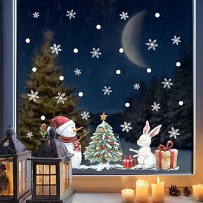 Christmas Window Clings Decorations for Glass Windows Snowflakes Snowman Rabbit Christmas Tree Gift Decorations Double-Sided Reusable Cute Winter Holiday Window Stickers Decals