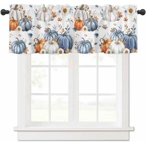 Blue Orange Grey Pumpkins Fall Valances for Windows, Thanksgiving Farmhouse Short Window Curtain Valances, Autumn Botanical Rod Pocket Kitchen Curtains for Living Room Bedroom Cafe 54" x 18"