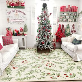 Washable Vintage Floral Christmas 4x6 Area Rugs Non Slip - Low Pile Soft Xmas Tree Red Berries Holly Branches Festive Winter Christmas Area Rug Accent Carpet for Kitchen Bedroom Living Room Entryway