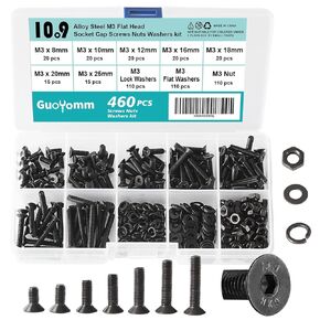 200 PCS M4 x 30mm 35mm 40mm 45mm 50mm, Flat Head Hex Socket Cap Screws Countersunk Bolts Washers Nuts Assortment Kit, 10.9 Grade Alloy Steel, Black Oxide Finish, Metric Allen Hex Drive