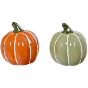 The Bridge Collection Fall Pumpkins Salt & Pepper Shaker Set - Green & Orange w/White Stripes Autumn Pumpkin Salt & Pepper Shakers - Fall Harvest Kitchen S&P Shakers