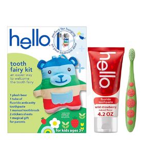 hello Tooth Fairy Kit with Tooth Fairy Door Hanger and Tooth Teddy Bear, Includes Full Size Fluoride Kids Strawberry Toothpaste and Kids Toothbrush, for Children Ages 3 and Up