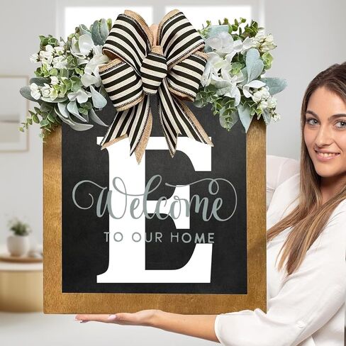 Last Name Welcome Sign for Front Door, Wreaths for Front Door, 26 Letter Front Porch Decor Wreaths, Welcome Sign with Eucalyptus Garland and Bow, Wooden Farmhouse Wall Decor, Housewarming Gifts (G) in Saudi Arabia