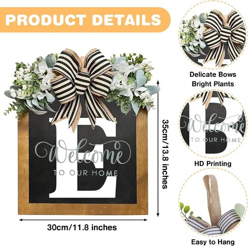 Last Name Welcome Sign for Front Door, Wreaths for Front Door, 26 Letter Front Porch Decor Wreaths, Welcome Sign with Eucalyptus Garland and Bow, Wooden Farmhouse Wall Decor, Housewarming Gifts (G) in Saudi Arabia