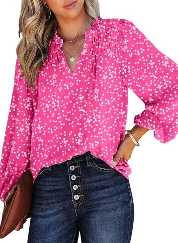 BLENCOT Women's Casual Boho Floral Print Chiffon Blouses Smocked V Neck Long Sleeve Loose Tops Shirts in Kuwait