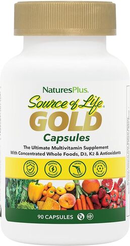 Natures Plus Source of Life Gold Multivitamin - 90 كبسولة نباتية - مع فيتامينات D3، B12، K2 وأكثر من 120 طعامًا كاملاً - دعم الدم والعظام والمناعة - خالي من الغلوتين - 30 حصة in Kuwait