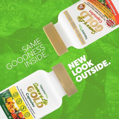 Natures Plus Source of Life Gold Multivitamin - 90 كبسولة نباتية - مع فيتامينات D3، B12، K2 وأكثر من 120 طعامًا كاملاً - دعم الدم والعظام والمناعة - خالي من الغلوتين - 30 حصة in Kuwait