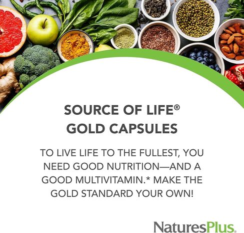 Natures Plus Source of Life Gold Multivitamin - 90 كبسولة نباتية - مع فيتامينات D3، B12، K2 وأكثر من 120 طعامًا كاملاً - دعم الدم والعظام والمناعة - خالي من الغلوتين - 30 حصة in Kuwait