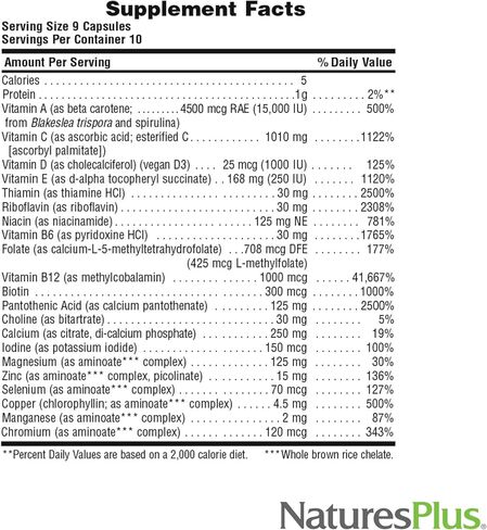 Natures Plus Source of Life Gold Multivitamin - 90 كبسولة نباتية - مع فيتامينات D3، B12، K2 وأكثر من 120 طعامًا كاملاً - دعم الدم والعظام والمناعة - خالي من الغلوتين - 30 حصة in Kuwait