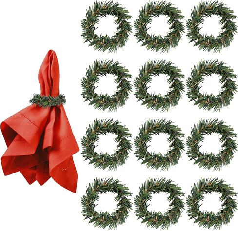 Amaxiu Christmas Napkin Rings, Set of 12 Pine Needles Napkin Holder with Red Berry Xmas Rattan Serviette Wreath Holiday Dinning Table Decorations for Christmas Party Supplies (B) in Saudi Arabia