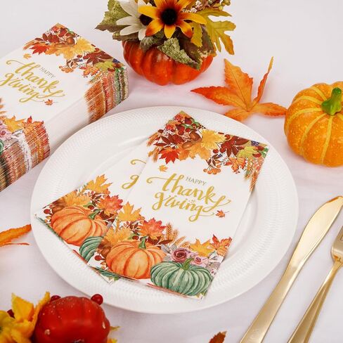 Supernal 100pcs Thanksgiving Napkins 3-Ply Disposable Thanksgiving Paper Napkins Thanksgiving Dinner Napkins Fall Pumpkin Paper Napkins for Home Dinner Bathroom Kitchen Autumn Thanksgiving Decoration in Saudi Arabia