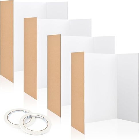 CLUEWR 4 Pack Tri-Fold Poster Board, Display Presentation Board Foldable Corrugated Cardboard with 2 Rolls of Double Sides Adhesive Tape for School Projects, Science Fair Presentation, 16 x 24 Inches in Saudi Arabia