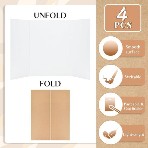 CLUEWR 4 Pack Tri-Fold Poster Board, Display Presentation Board Foldable Corrugated Cardboard with 2 Rolls of Double Sides Adhesive Tape for School Projects, Science Fair Presentation, 16 x 24 Inches in Saudi Arabia