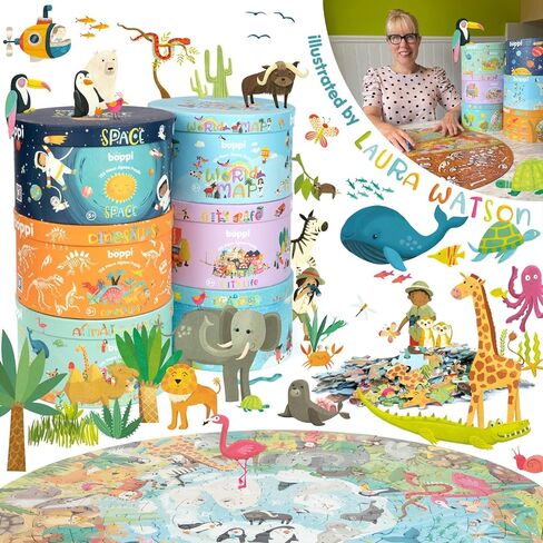 boppi World Map Round Jigsaw Puzzle with 100% Recycled Card 150 Pieces with Animals for Children 5 6 7 8 Years 58cm Diameter in Kuwait