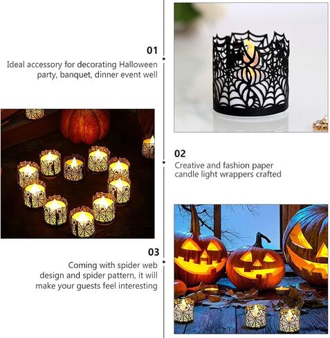 FRCOLOR أدى أضواء الشاي 50pcs هالوين الأسود شبكة العنكبوت LED حامل شمعة الإلكترونية شمعة يلتف لساحة المنزل غرفة نوم أصحاب الشمعدان الأسود in Saudi Arabia