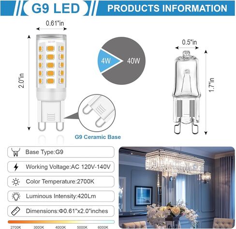 G9 LED لمبة Bi Pin Base، لا وميض 5000K ضوء النهار T4 G9 LED لمبات الإضاءة للثريا، 4W (40W لمبات الهالوجين المكافئة)، زاوية شعاع 360 درجة، غير قابلة للتعتيم للإضاءة المنزلية، 4 عبوات in Kuwait