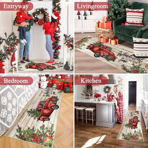 Pauwer Christmas Hallway Runner Rug 2x6 Non Slip Washable Kitchen Area Rug Farmhouse Christmas Tree Truck Door Mat Entryway Rug Carpet Runner for Laundry Room Bedroom Christmas Decorations in Kuwait