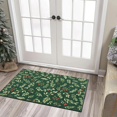 Washable Vintage Floral Christmas 4x6 Area Rugs Non Slip - Low Pile Soft Xmas Tree Red Berries Holly Branches Festive Winter Christmas Area Rug Accent Carpet for Kitchen Bedroom Living Room Entryway in Kuwait
