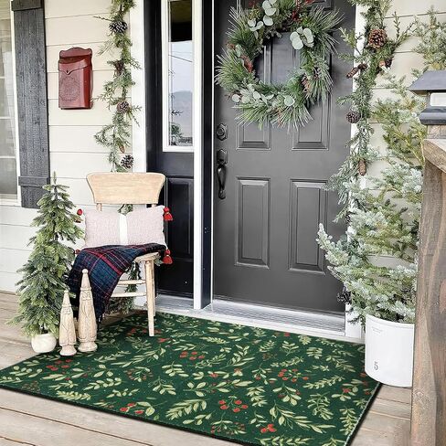 Washable Vintage Floral Christmas 4x6 Area Rugs Non Slip - Low Pile Soft Xmas Tree Red Berries Holly Branches Festive Winter Christmas Area Rug Accent Carpet for Kitchen Bedroom Living Room Entryway in Kuwait