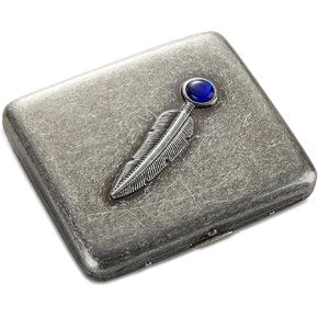 Vintage Metal Case - Retro Holder Case with Exquisite Carved Feather and Sapphire - Minimalist Storage Case for Women Men, Holds 14 to 20, up to 84mm, Silver, Feather