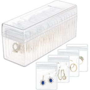 Acrylic Jewelry Box Organizer,Clear Jewelry Case Organizer Travel, Holder with 20 Portable Anti Tarnish Jewelry bags, Travel Jewelry Case for Earrings/Rings/Necklaces Gift for Women Girls (White)
