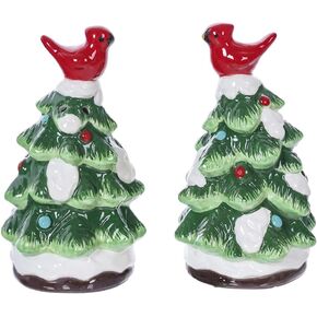 The Bridge Collection Snowy Christmas Tree Salt and Pepper Shakers - Festive Ceramic Salt & Pepper Shakers - Christmas Trees with Cardinals Holiday Kitchen Tabletop Decor